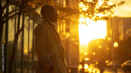 Wealthy man in city at sunset, envisioning success.