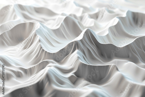 A monochrome topographical relief model shows the detailed contours and elevations of a mountainous landscape, emphasizing geological features.