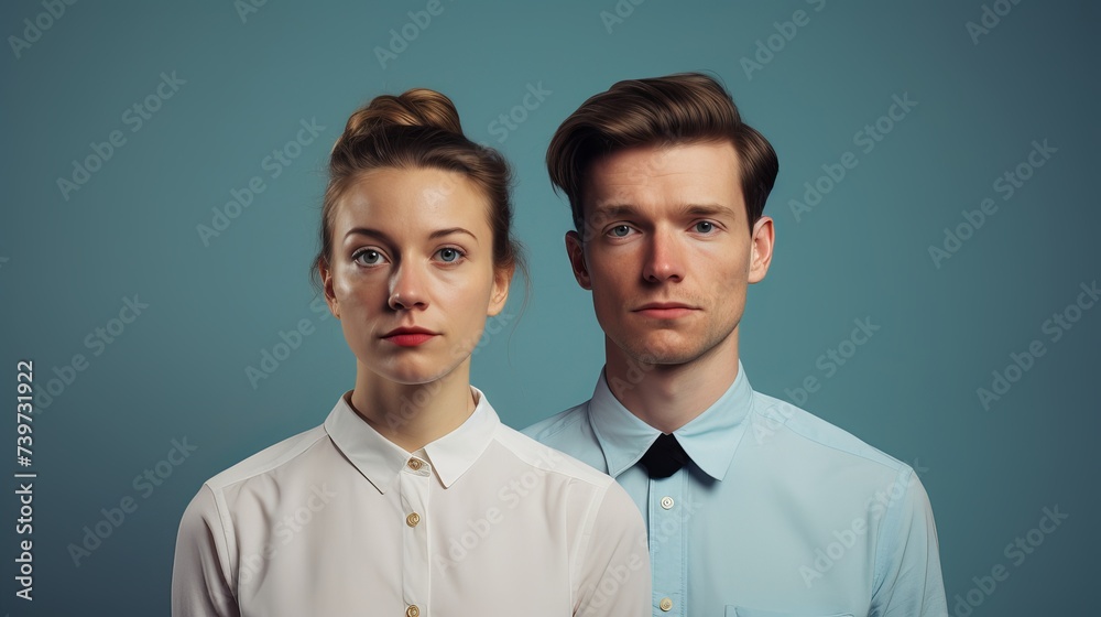 Simple Casual Couple Against Minimal Light Blue Color Studio Background - Decent And Elegant Simple Casual Couple Against Minimal Light Blue Color Studio Background - Decent And Elegant