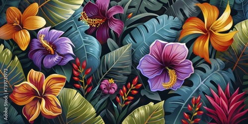 Tropical floral wallpaper with exaggerated leaves and flowers  presenting a vivid and wild  retro-inspired escape.