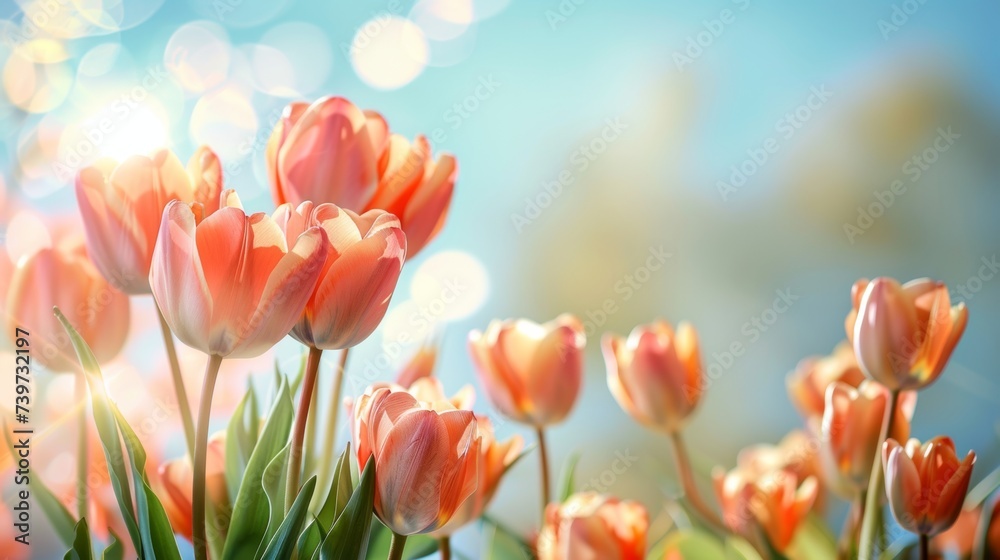 Beautiful bright, multi-colored yellow, white, red, purple, and pink blooming tulips Vibrant tulips in bloom, a lively spring scenery in springtime. Spring-Easter flower background.