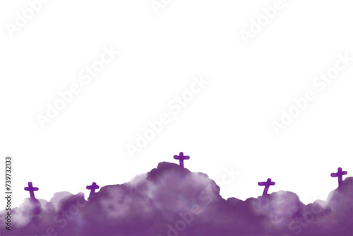 Happy Easter Sunday illustration of the cross on the mount resurrecting and celebrating the resurrection. purple watercolor background.