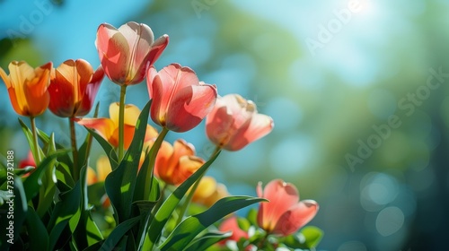 Beautiful bright  multi-colored yellow  white  red  purple  and pink blooming tulips Vibrant tulips in bloom  a lively spring scenery in springtime. Spring-Easter flower background.