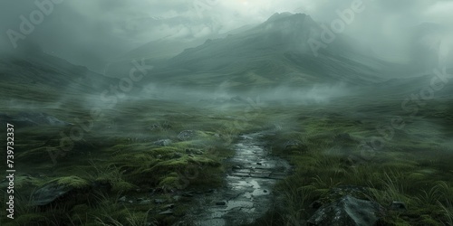 Mysterious foggy moors wallpaper, undefined paths and lurking dangers, desolate beauty photo
