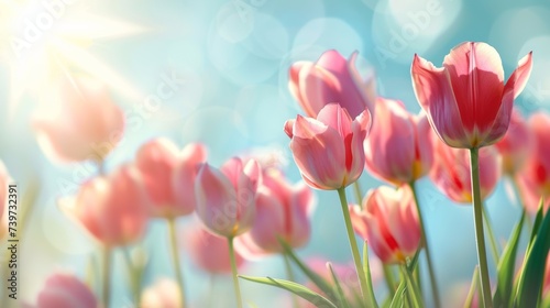 Beautiful bright, multi-colored yellow, white, red, purple, and pink blooming tulips Vibrant tulips in bloom, a lively spring scenery in springtime. Spring-Easter flower background. #739732391