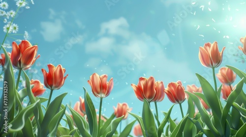 Beautiful bright  multi-colored yellow  white  red  purple  and pink blooming tulips Vibrant tulips in bloom  a lively spring scenery in springtime. Spring-Easter flower background.