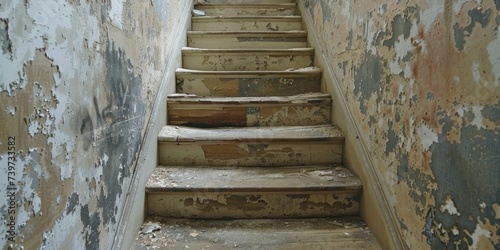 Stairwell with peeling wallpaper, each step a story, descent into the past