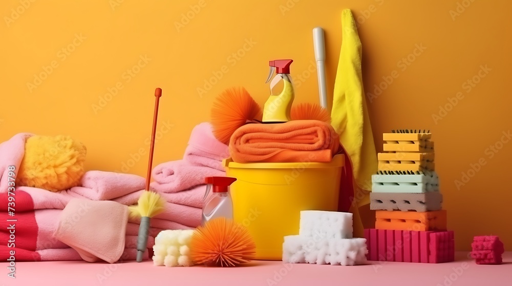 The concept of cleaning service. Cleaning lady with a bucket and cleaning products. cleaning supplies on background - Cleaning concept The concept of cleaning service. Cleaning lady with a bucket and cleaning products. cleaning supplies on background - Cleaning concept