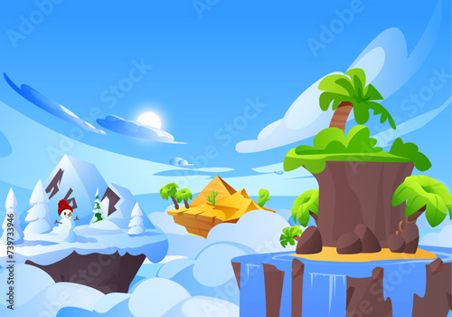 Fantasy islands floating in the sky, vector tropical, desert and snow islands, cartoon game level platforms alien world