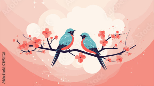 Abstract lovebirds perched on a heart-shaped branch. simple Vector art