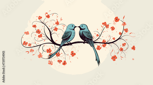 Abstract lovebirds perched on a heart-shaped branch. simple Vector art