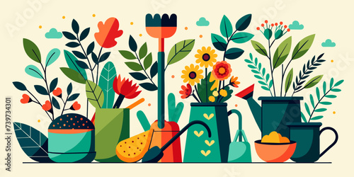 Gardening Tools and Plants - Horticulture Equipment and Botanical Illustrations