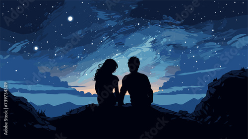 Abstract couple stargazing under a night sky. simple Vector art