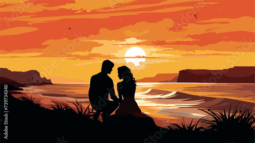 Abstract couple s silhouette on a beach at sunrise. simple Vector art