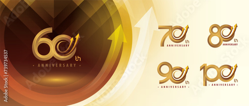 60, 70, 80, 90, 100 year Anniversary logo design, Sixty to Hundred years Anniversary Logo for Celebration event, Abstract Gold Circle Arrow, Growth to Success Concept, Upward Curved Arrow Right to Top