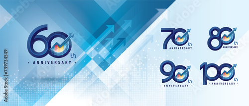 60, 70, 80, 90, 100 year Anniversary logo design, Sixty to Hundred years Anniversary Logo Celebration event, Abstract Arrow Graph Sign, Arrow Graph Growth to Success Concept, Upward Arrow Right to Top