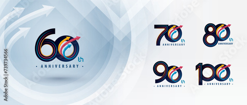 60, 70, 80, 90, 100 year Anniversary logo design, Sixty to Hundred years Anniversary Logo for Celebration event, Abstract Colorful Circle Arrow, Growth to Success Concept, Upward Curved Arrow Right photo
