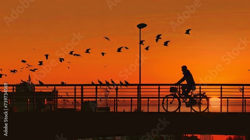 A bicyclist crosses a bridg...