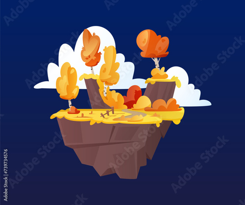 Fantasy game level platform, floating autumn forest land island in the sky, vector cartoon ground rock stage trees cliff