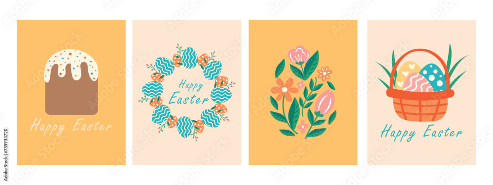 Happy Easter set of cards, posters or banners, holiday covers. Trendy design with typography, hand-painted Easter eggs, Easter wreaths, in pastel colors.