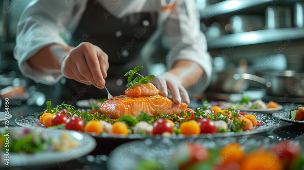 a close-up of the chef's hands decorating an exquisite fish dish before serving it to the table a close-up of the chef's hands decorating an exquisite fish dish before serving it to the table