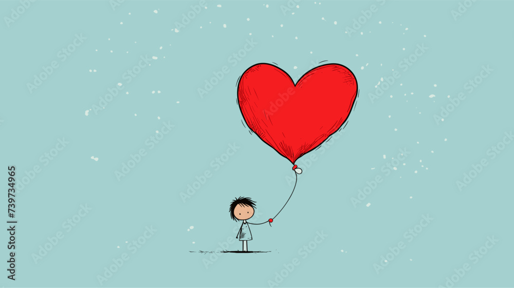 Abstract whimsical cartoon character holding a heart-shaped balloon. simple Vector art