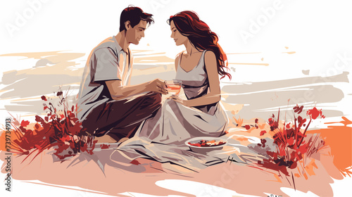 Abstract hand-drawn couple enjoying a romantic picnic. simple Vector art
