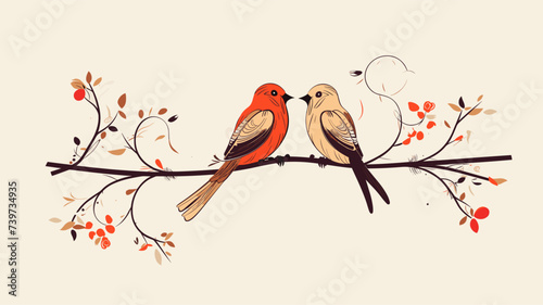 Abstract hand-drawn lovebirds perched on a branch. simple Vector art