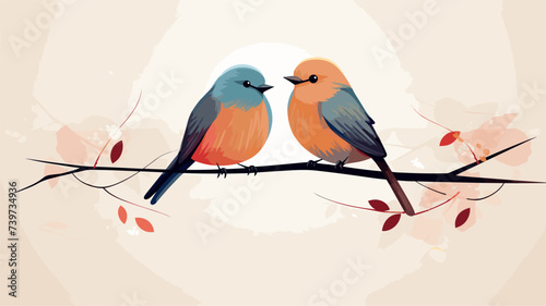Abstract hand-drawn lovebirds perched on a branch. simple Vector art