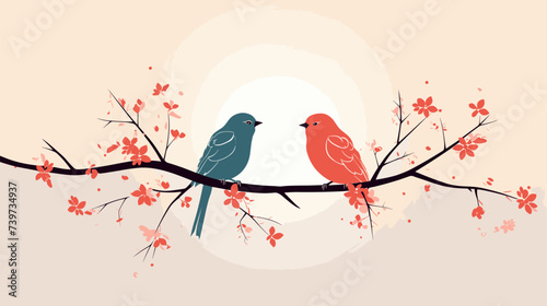 Abstract hand-drawn lovebirds perched on a branch. simple Vector art