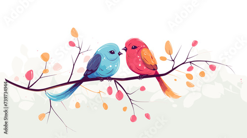 Abstract hand-drawn lovebirds perched on a branch. simple Vector art