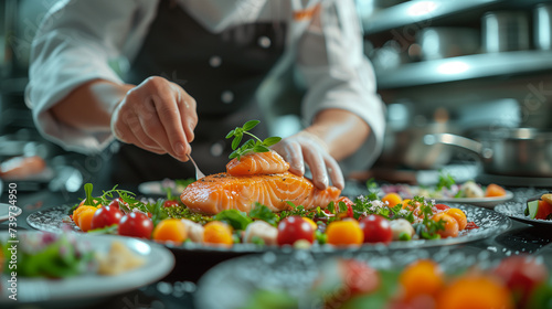 a close-up of the chef's hands decorating an exquisite fish dish before serving it to the table