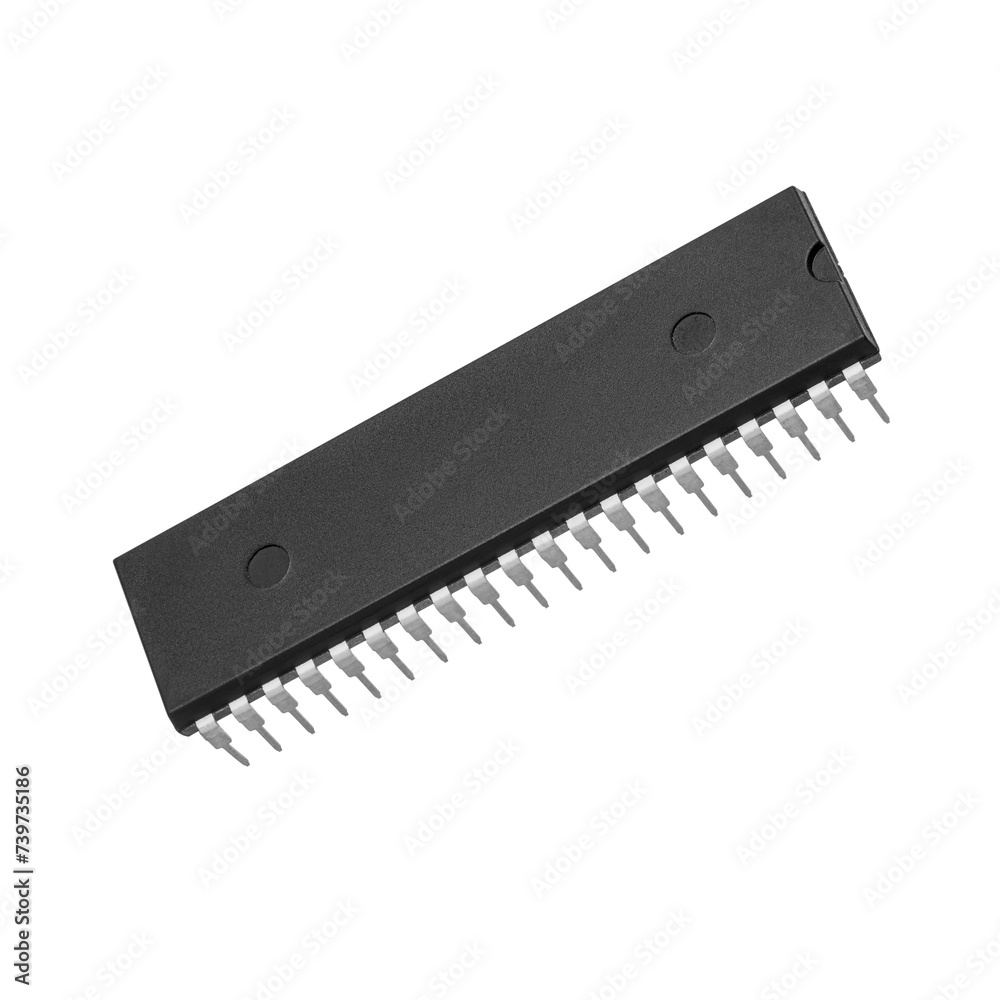 40 pin electronic integrated circuit or microchip isolated. DIP package electronic component. Transparent PNG image. 40 pin electronic integrated circuit or microchip isolated. DIP package electronic component. Transparent PNG image.