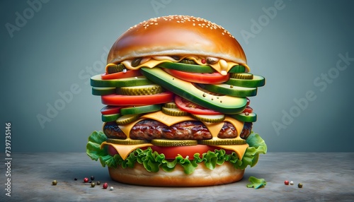 Generative AI image of appetizing burger king with layers of grilled meat pickle topped with tomatoes, avocado, cheese fresh lettuce and soft buns photo