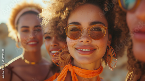group portrait of several young stylish women models with beautiful hairstyles where the focus is on one girl with elegant facial features where she is wearing sunglasses © MYKHAILO KUSHEI