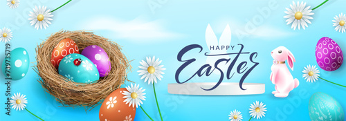 Easter poster with Easter eggs in a nest and a bunny and daisies on a blue background.