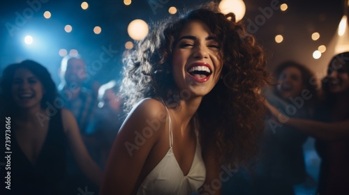 A beautiful happy woman is laughing, dancing, having fun in a nightclub. Party, Corporate, Birthday, Active weekend concept.