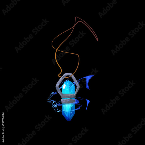 Magic amulet with glowing gemstone on the rope, cartoon vector necklace with wizard crystal, game award fantasy jewelry
