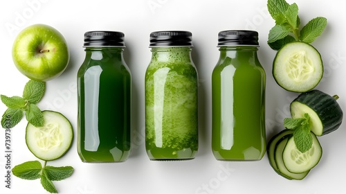  A trio of cold-pressed green juices with black caps, featuring cucumber, green apple, and mint, isolated on a white background, focusing on the freshness of the green hues