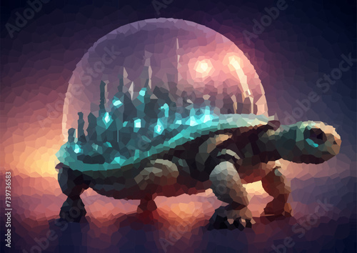 Futuristic city in a glowing shell gigantic turtle. Vector illustration. Voronoi design.