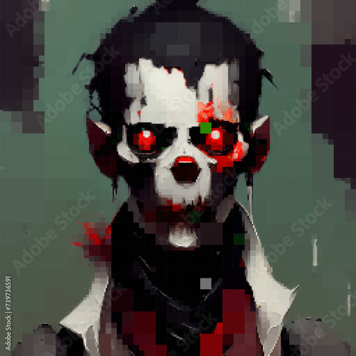 Portrait of a zombie, Vector pixelated illustration. Rectangular design.
