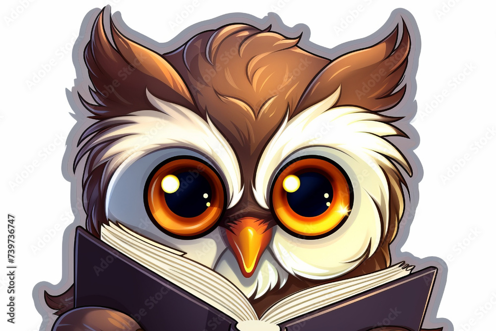 sticker, owl reading a book, white background. concept: wisdom, knowledge, science, learning, education.