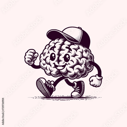 brain cartoon mascot wear cap walking with happy face retro vector illustration