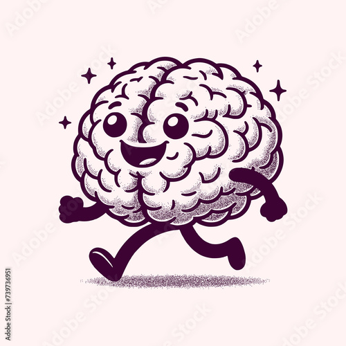 brain cartoon mascot walking with happy face retro vector illustration