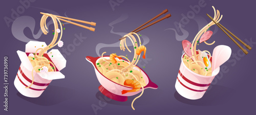Fotografia Hot ready to eat noodle with additions, chopsticks and steam in red bowl, paper box and plastic cup
