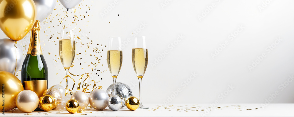Glam New Years Eve celebration white and gold background with balloons ...