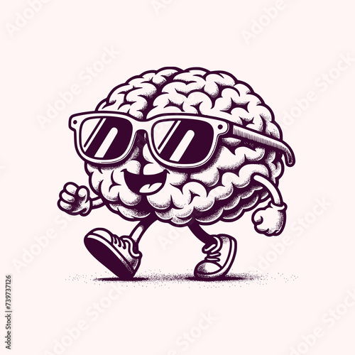brain cartoon mascot wear sun glasses walking with happy face retro vector illustration