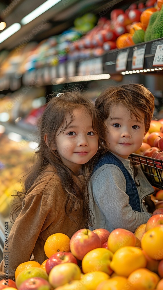 Fototapeta premium A happy little boy and girl from Asia select fresh delicious fruits from the grocery counter.