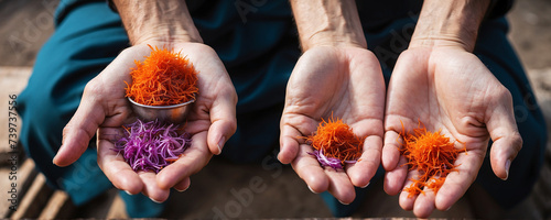 Hands Holding Saffron Flowers. Kashmir famous saffron, the worlds most expensive spice. Authentic, high-quality saffron more valuable than gold.