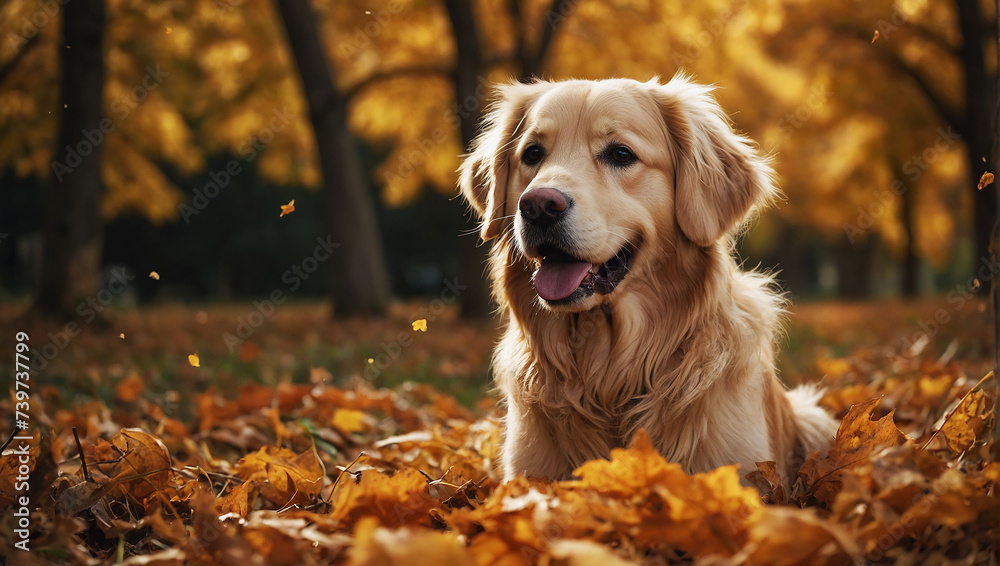 Happy golden retriever dog on Autumn nature background, wide web banner. Autumn activities for dogs. Fall Care Advice For Dogs. Preparing dog for walks in autumn and fireworks

 - obrazy, fototapety, plakaty 